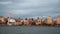 Panoramic sunset view of Manhattan skyline from moving boat on the Hudson river