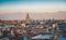 Panoramic sunset view of Marrakesh Mdina and the snow capped Atlas mountains in Morocco. View of rooftops of Marrakech