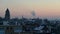 Panoramic timelapse view over the Brussels skyline with the muncipalities of Jette and Laeken during the morning sunrise
