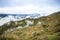 Panoramic top view of Alps mountains in fog and clouds