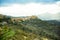 Panoramic top view of Alps mountains in fog and clouds, valley with clouds.