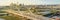 Panoramic top view Dallas landmark bridge Margaret McDermott, Margaret Hunt Hill and downtown towers