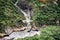 Panoramic top view of the Jade Dragon Snow Mountain on the hiking trails of the Tiger Leaping Gorge, Lijiang Yunnan, China