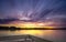 Panoramic Tranquil golden hour cloud above the forest lake at sunset. Dramatic cloudscape. Long exposure on the water