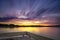 Panoramic Tranquil golden hour cloud above the forest lake at sunset. Dramatic cloudscape. Long exposure on the water