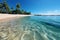 Panoramic tropical beach, golden sand, palm trees, turquoise sea, blue sky