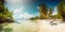 Panoramic tropical beach with palm trees created with generative AI technology