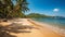 Panoramic tropical beach with palm trees. Generative AI