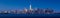 Panoramic twilight view of Lower Manhattan from New York City Harbor