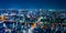 Panoramic urban city skyline aerial view under twilight sky and neon night in tokyo, Japan