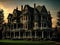 Panoramic of a Victorian mansion at sunset