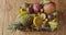 Panoramic video top view on a box with variety fresh natural organic exotic fruits on a wooden background. Slow motion