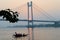 Panoramic Vidyasagar Setu or Hooghly Bridge during sunset. Famous longest cable stayed toll flyover over Ganges River connection