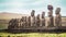 Panoramic view of the 15 Moai of Ahu Tongariki on Easter Island