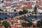 Panoramic view from above of Prague, Charles bridge with crowds of tourists, the Vltava river and red roofs.