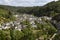 Panoramic view from above of Vianden, Luxembourg. Landscape and cityscape, aerial view. Town between mountains