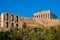 Panoramic view of Acropolis of Athens with Parthenon Athena temple and Odeon of Pericles amphitheater in Athens, Greece