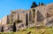 Panoramic view of Acropolis hill walls with Parthenon Athena temple seen from Theatre of Dionysos Eleuthereus ancient Greek