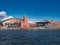 A panoramic view across Cardiff Bay in Wales, UK, on a sunny day in Autumn.