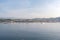 Panoramic view, aerial skyline of city Cannes, Mediterranean Sea with yachts, coastline, port morning at dawn in Cannes, Cote d`