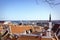 Panoramic view, aerial skyline of Old City Town, architecture, roofs of houses and landscape, Tallinn, Estonia