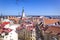 Panoramic view, aerial skyline of Old City Town, architecture, roofs of houses and landscape, Tallinn, Estonia