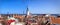 Panoramic view, aerial skyline of Old City Town, Toompea Hill, architecture, roofs of houses and landscape, Tallinn, Estonia.