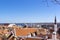 Panoramic view, aerial skyline of Old City Town, Toompea Hill, St. Olaf Baptist Church, architecture, roofs of houses and