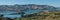 Panoramic view of Akaroa, Banks Peninsula, Christchurch New Zealand. Photo taken on a clear summer`s day.