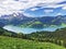Panoramic view of the Alpine lake Wagitalersee Waegitalersee, the Wagital or Waegital valley, and the peaks Turner and Diethelm