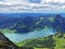 Panoramic view of the Alpine lake Wagitalersee Waegitalersee, the Wagital or Waegital valley, and the peaks Turner and Diethelm