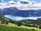 Panoramic view of the Alpine lake Wagitalersee Waegitalersee, the Wagital or Waegital valley, and the peaks Turner and Diethelm