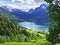 Panoramic view of the Alpine lake Wagitalersee Waegitalersee, the Wagital or Waegital valley, and the peaks Turner and Diethelm