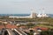 Panoramic view of Amager Bakke, combined power and waste energy plant at Amager, with the sea and windmills in Copenhagen, Denmark