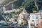 Panoramic view of Amalfi landscape, italian travel destination on mediterranean sea