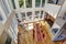 Panoramic view of amazing dining room in modern lake house.