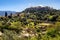 Panoramic view of ancient Athenian Agora archeological area with Acropolis hill and Parthenon in Athens, Greece