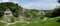 Panoramic view on ancient Palenque Maya archaeological site: ruins, temples