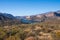 Panoramic view on Apache trail over cactus and rock landscape with lake