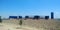 Panoramic view architectural construction with train containers