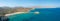 The panoramic view of the arid rocky coast and the sandy beach of Vai , Europe, Greece, Crete, towards Sitia, By the Mediterranean