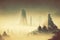 panoramic view of asian metropolis with high tower in fog retro city landscape