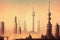panoramic view of asian metropolis with high tower in fog retro city landscape