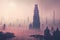 panoramic view of asian metropolis with high tower in fog retro city landscape