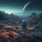 A panoramic view of an astronaut exploring an alien world with strange, bioluminescent flora1