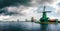 Panoramic view of Authentic Zaandam mills in Zaanstad village on the river Zaan.