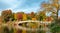 Panoramic view of autumn landscape with Bow bridge in Central Park. New York City. USA