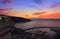 Panoramic view of the bay of Peschici at sunset: the marina and the sandy beach, Italy Puglia.