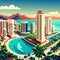 Panoramic view of the beach and the city. Generative AI
