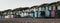Panoramic view of beach huts during sunset in Milford on Sea, New Forest, UK